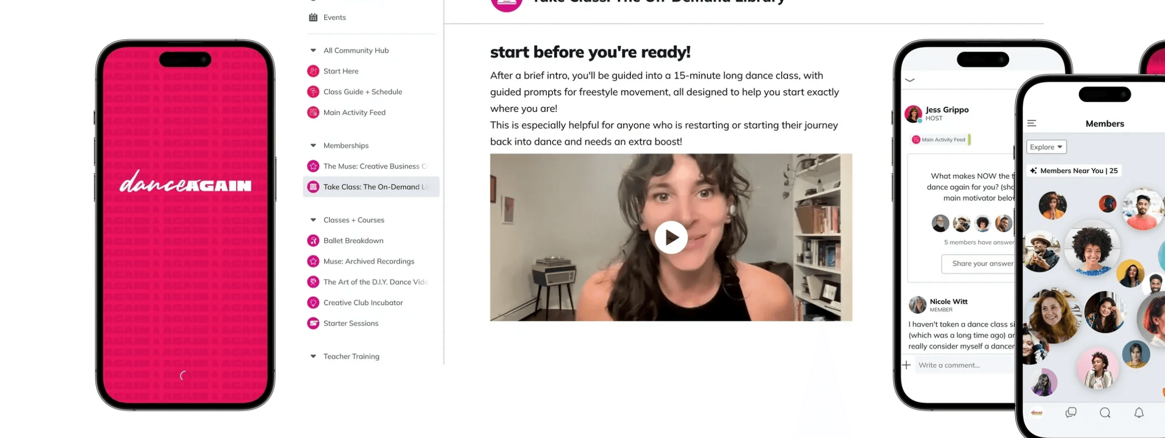 Dance Again membership platform on desktop and phones